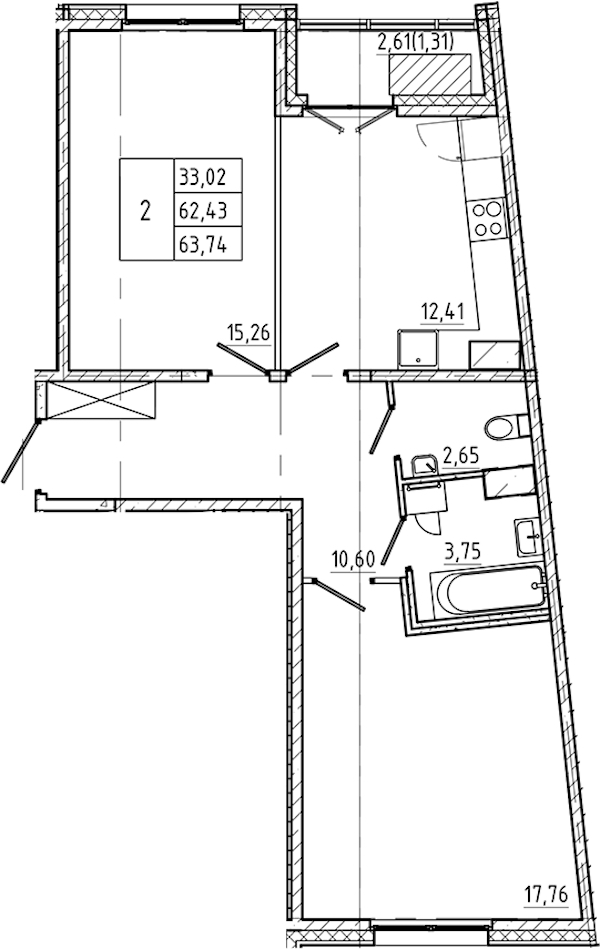 2-комнатная квартира 63.74 м², 5/9 эт., ЖК «Регенбоген»