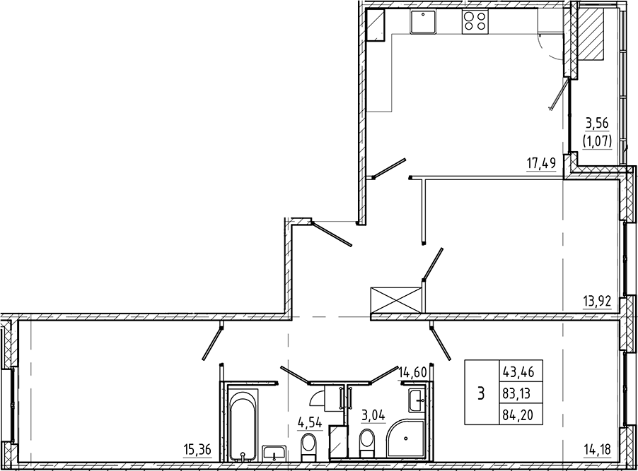 3-комнатная квартира 84.2 м², 7/9 эт., ЖК «Регенбоген»