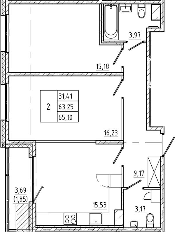 2-комнатная квартира 65.1 м², 7/9 эт., ЖК «Регенбоген»