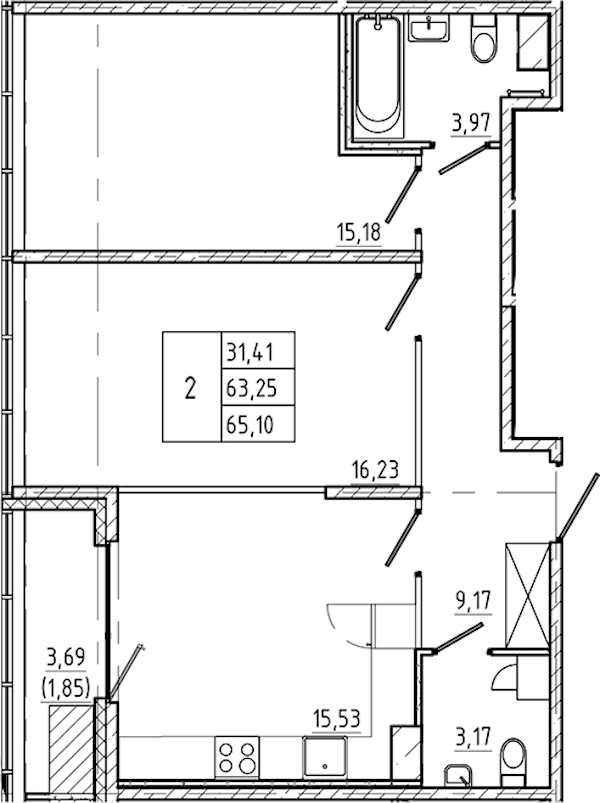 2-комнатная квартира 65.1 м², 8/9 эт., ЖК «Регенбоген»