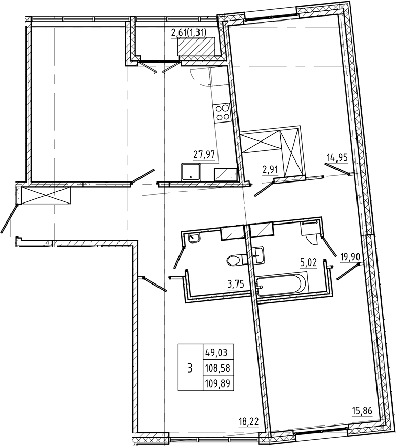 3-комнатная квартира 109.89 м², 8/9 эт., ЖК «Регенбоген»