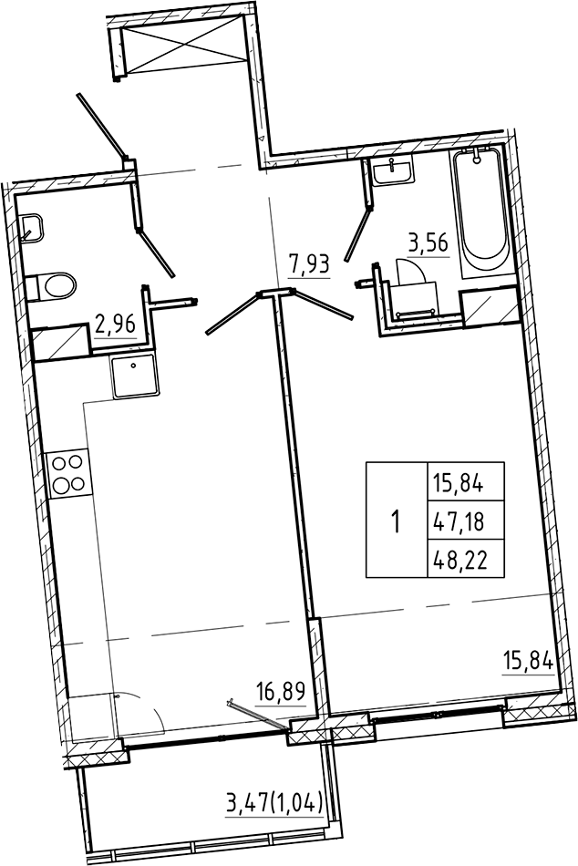 1-комнатная квартира 48.22 м², 2/7 эт., ЖК «Регенбоген»