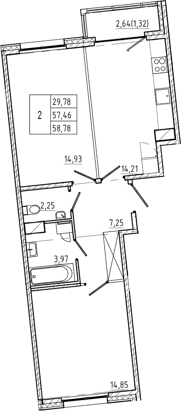 2-комнатная квартира 58.78 м², 2/7 эт., ЖК «Регенбоген»