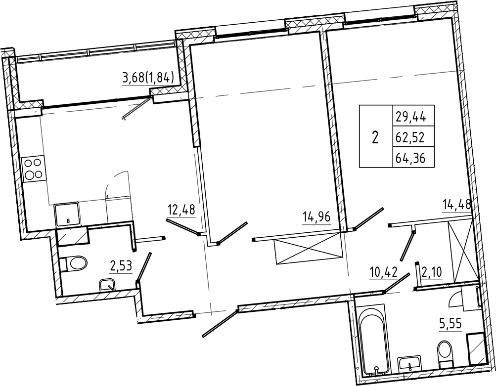 2-комнатная квартира 64.36 м², 5/7 эт., ЖК «Регенбоген»