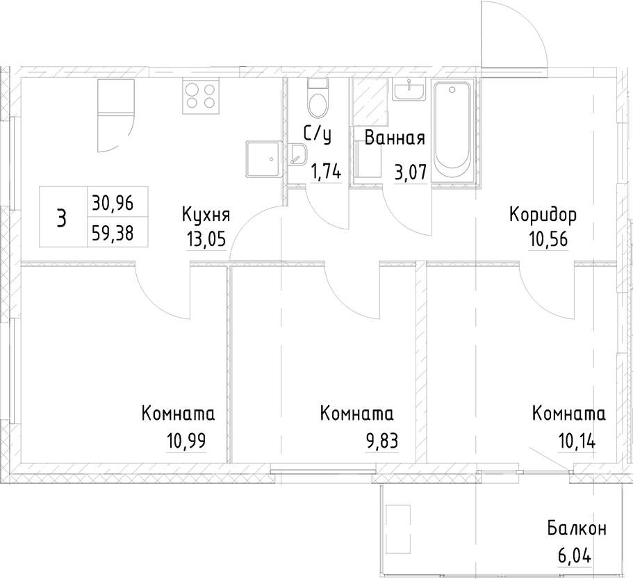 3-комнатная квартира 61.2 м², 12/25 эт., ЖК «Новоорловский»
