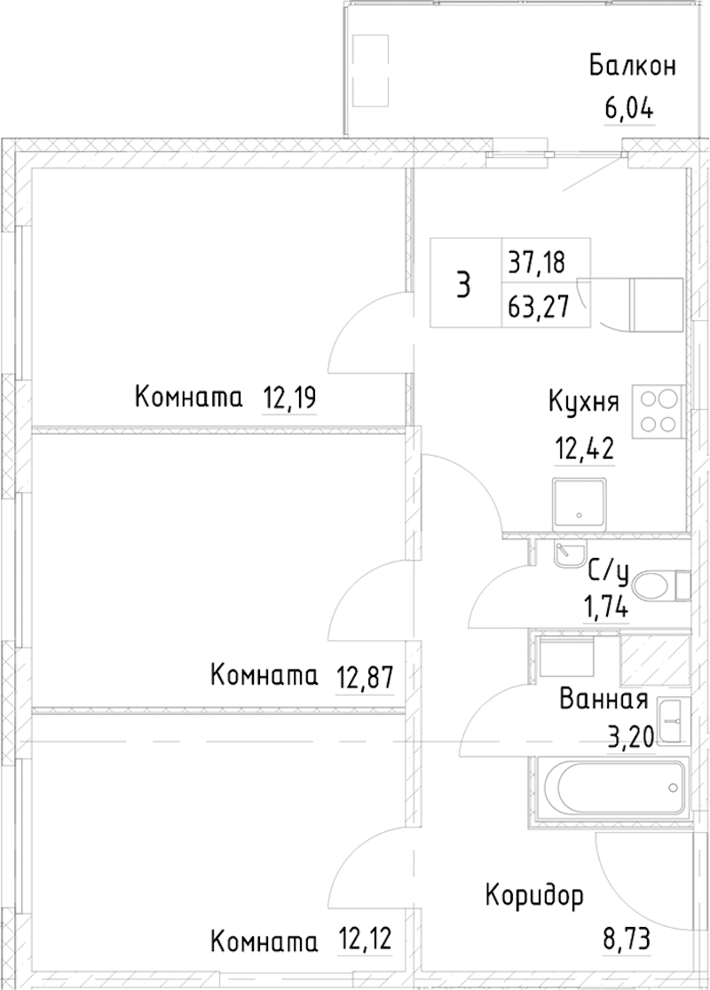 3-комнатная квартира 65 м², 13/25 эт., ЖК «Новоорловский»