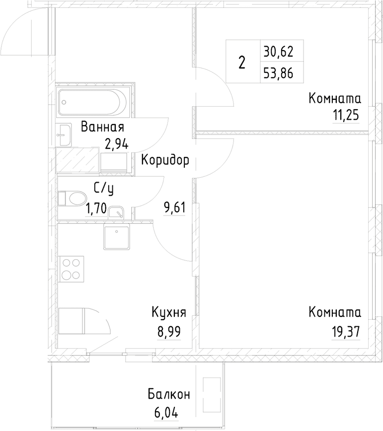2-комнатная квартира 55.6 м², 15/25 эт., ЖК «Новоорловский»