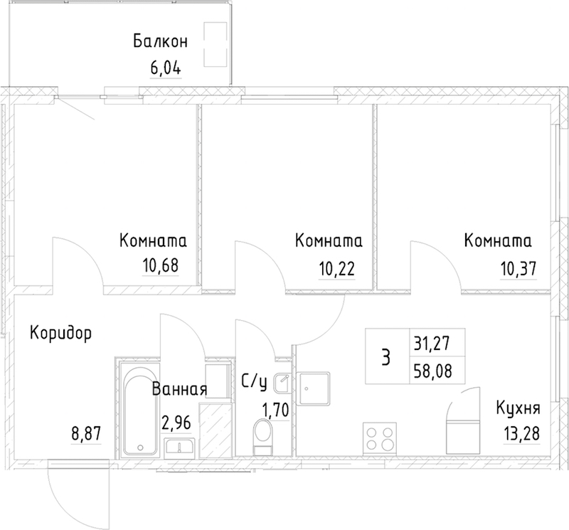 3-комнатная квартира 60 м², 19/25 эт., ЖК «Новоорловский»