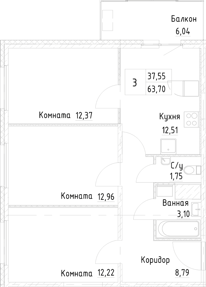 3-комнатная квартира 65.6 м², 24/25 эт., ЖК «Новоорловский»