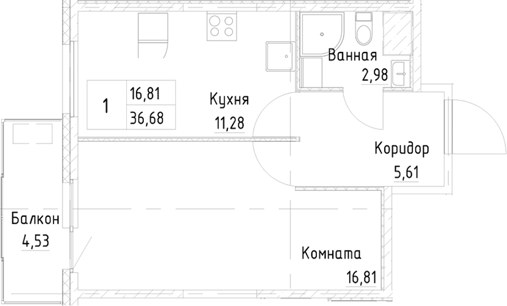 1-комнатная квартира 38 м², 25/25 эт., ЖК «Новоорловский»