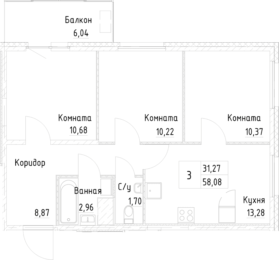 3-комнатная квартира 60 м², 25/25 эт., ЖК «Новоорловский»
