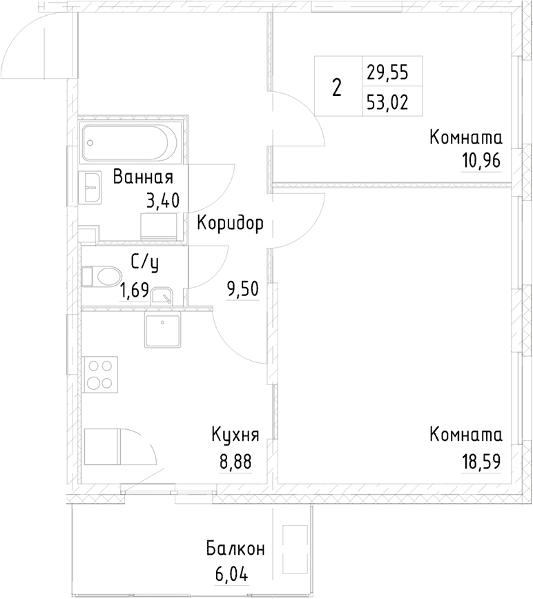 2-комнатная квартира 54.83 м², 2/25 эт., ЖК «Новоорловский»