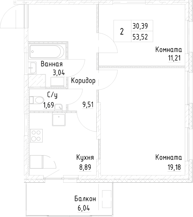 2-комнатная квартира 55.33 м², 6/25 эт., ЖК «Новоорловский»