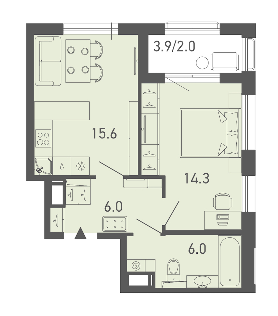 1-комнатная квартира 43.6 м², 16/18 эт., ЖК «ГАЛАКТИКА»
