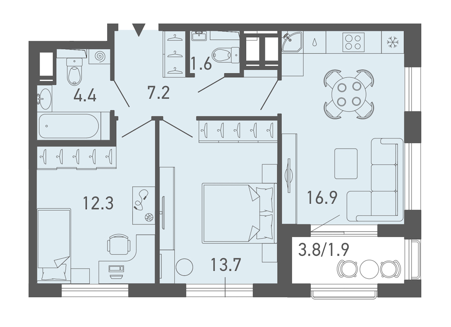 2-комнатная квартира 57.6 м², 18/18 эт., ЖК «ГАЛАКТИКА»
