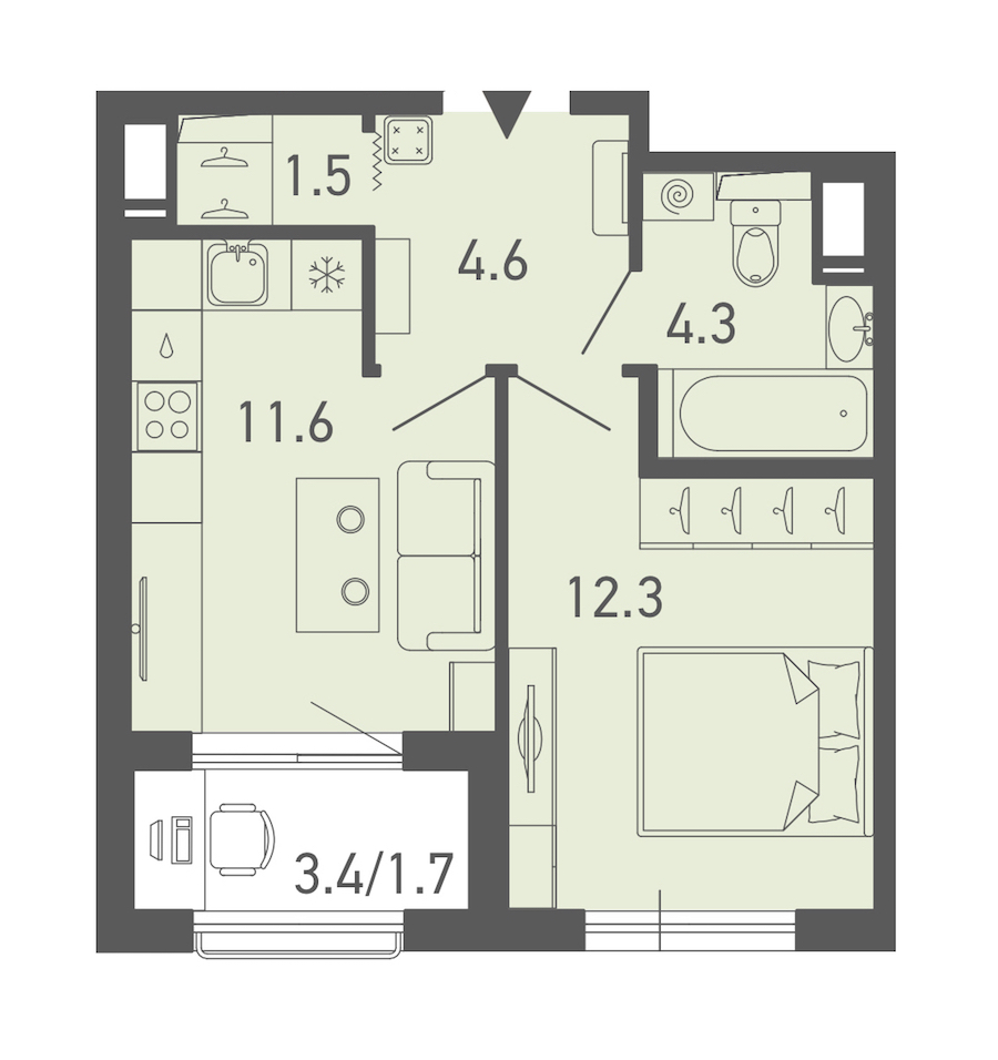 1-комнатная квартира 36.2 м², 16/18 эт., ЖК «ГАЛАКТИКА»