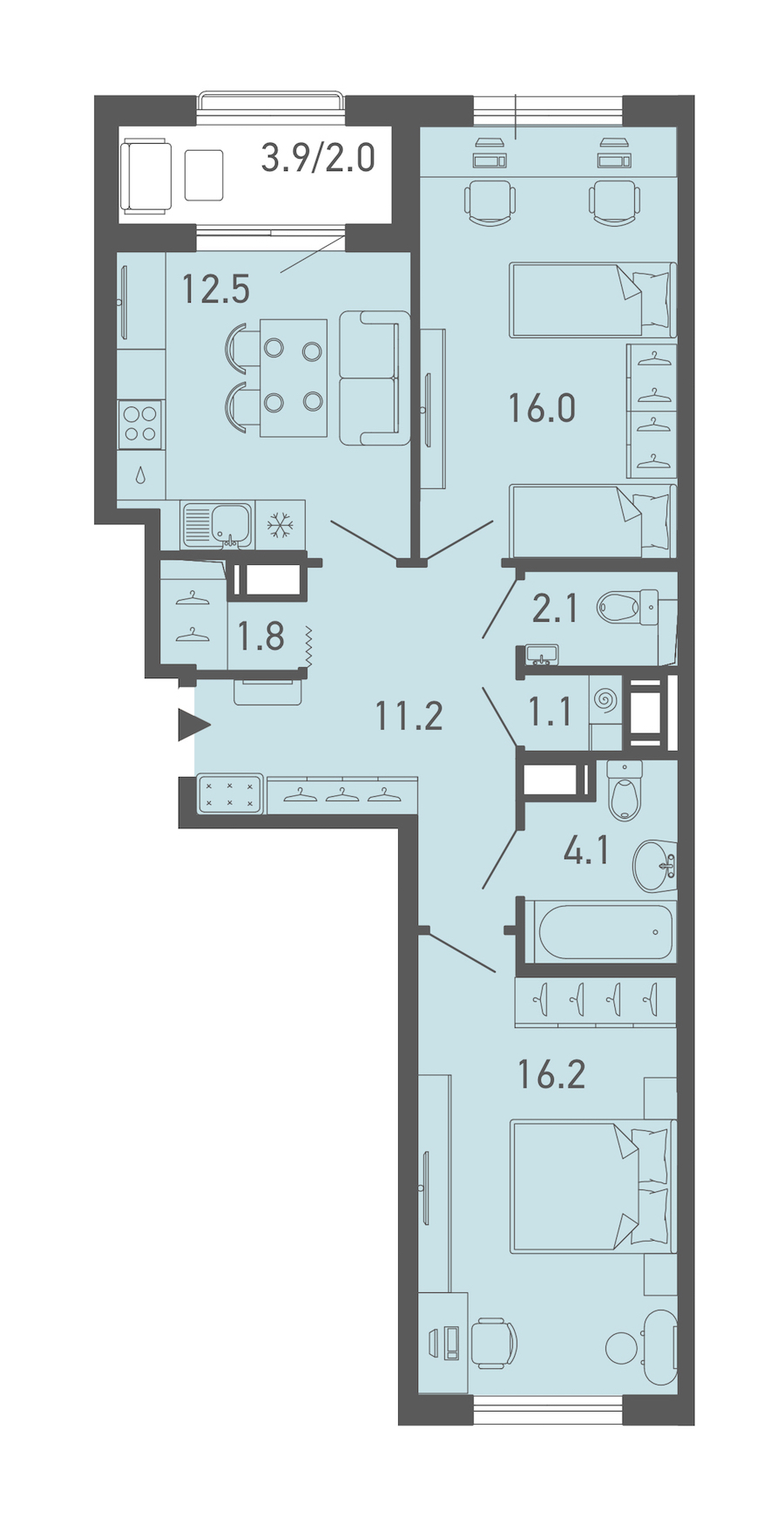 2-комнатная квартира 67.1 м², 16/18 эт., ЖК «ГАЛАКТИКА»