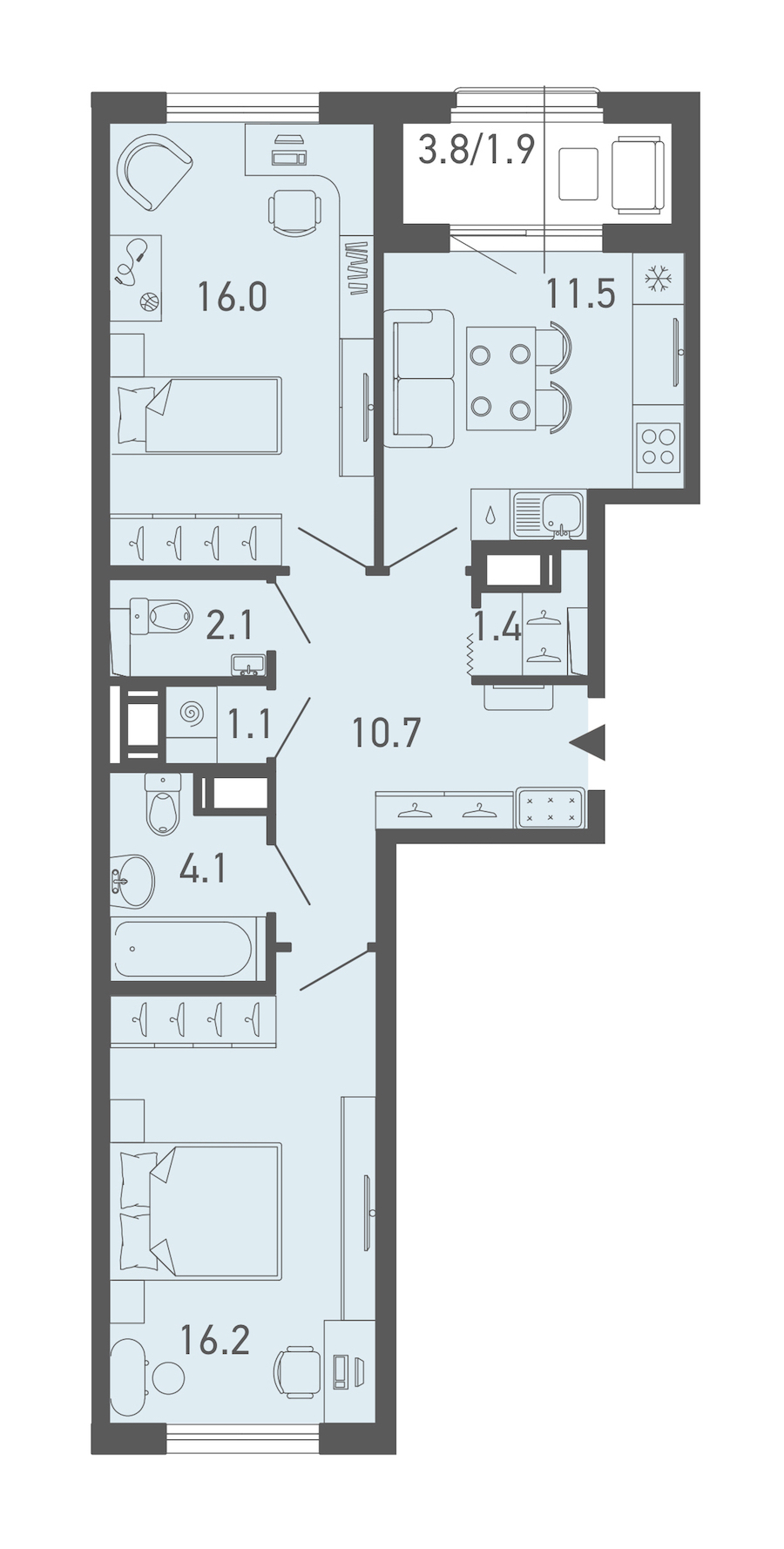 2-комнатная квартира 64.7 м², 18/18 эт., ЖК «ГАЛАКТИКА»