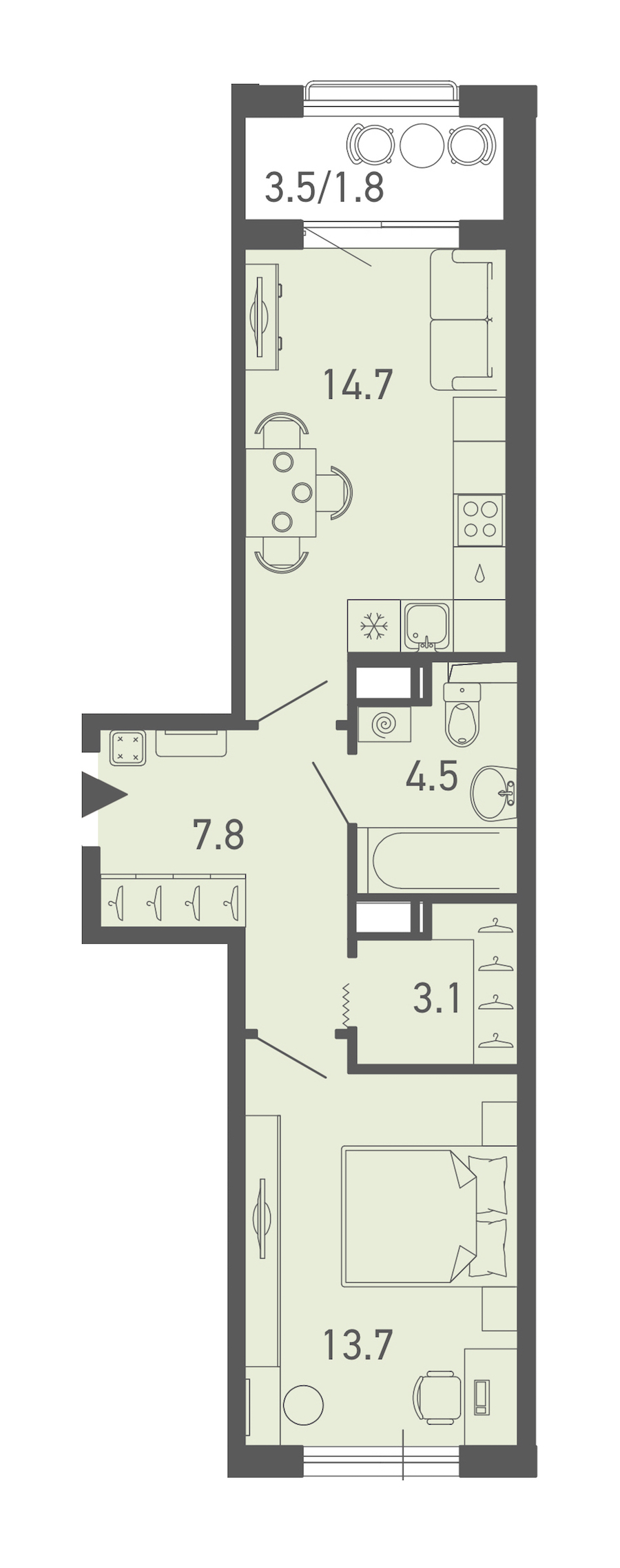 1-комнатная квартира 45.6 м², 11/18 эт., ЖК «ГАЛАКТИКА»