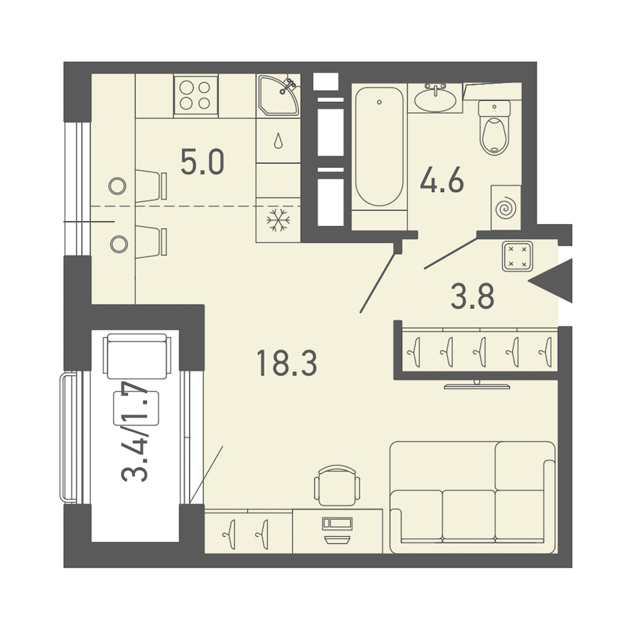 Квартира студия 33.4 м², 12/18 эт., ЖК «ГАЛАКТИКА»