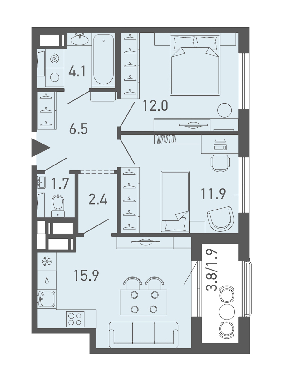2-комнатная квартира 56.5 м², 18/18 эт., ЖК «ГАЛАКТИКА»