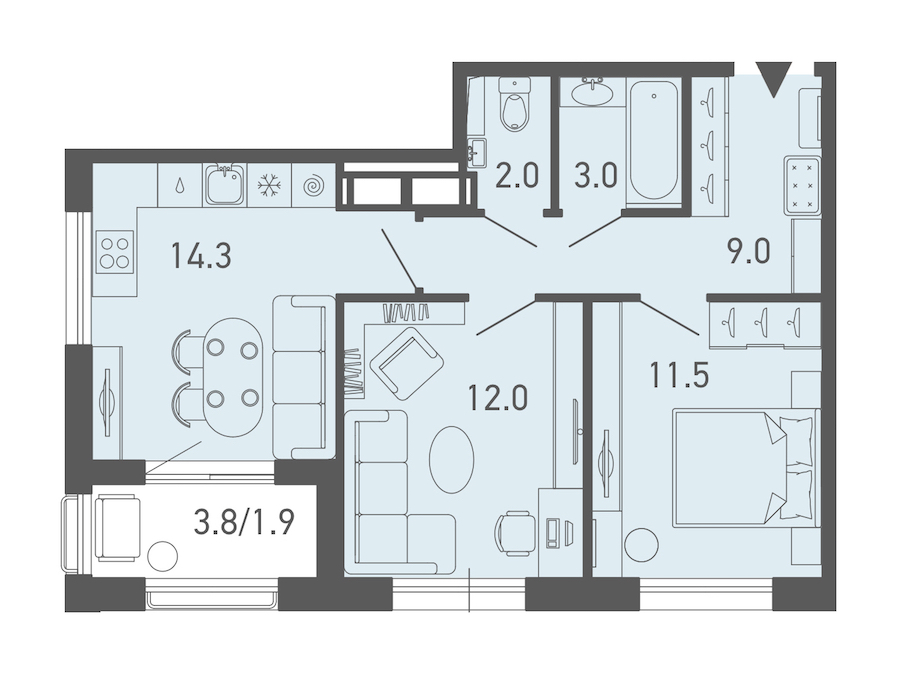 2-комнатная квартира 53.6 м², 18/18 эт., ЖК «ГАЛАКТИКА»