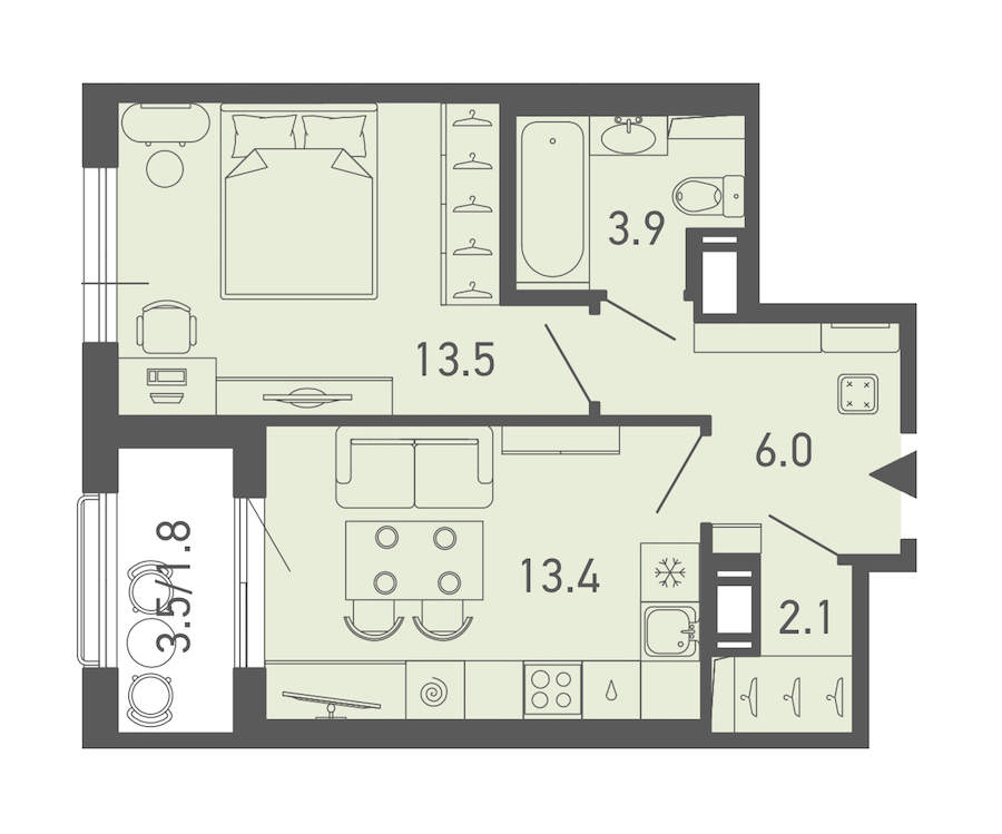 1-комнатная квартира 40 м², 18/18 эт., ЖК «ГАЛАКТИКА»