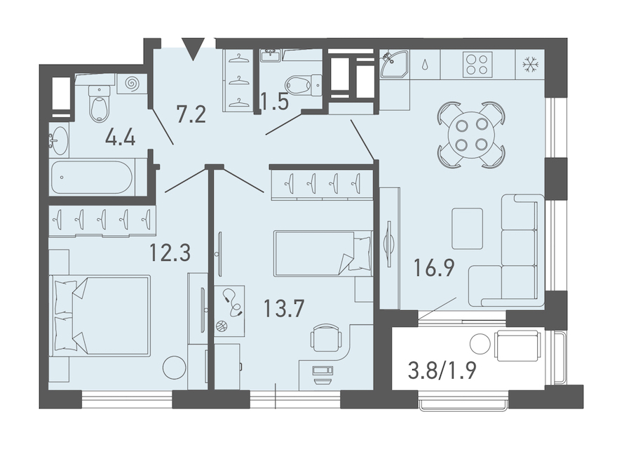 2-комнатная квартира 57.6 м², 18/18 эт., ЖК «ГАЛАКТИКА»