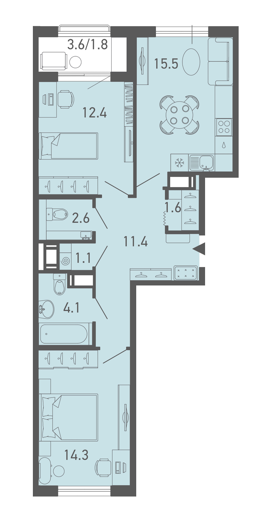 2-комнатная квартира 64.3 м², 16/18 эт., ЖК «ГАЛАКТИКА»