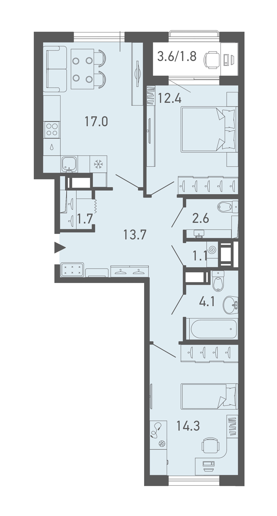 2-комнатная квартира 68.6 м², 8/18 эт., ЖК «ГАЛАКТИКА»