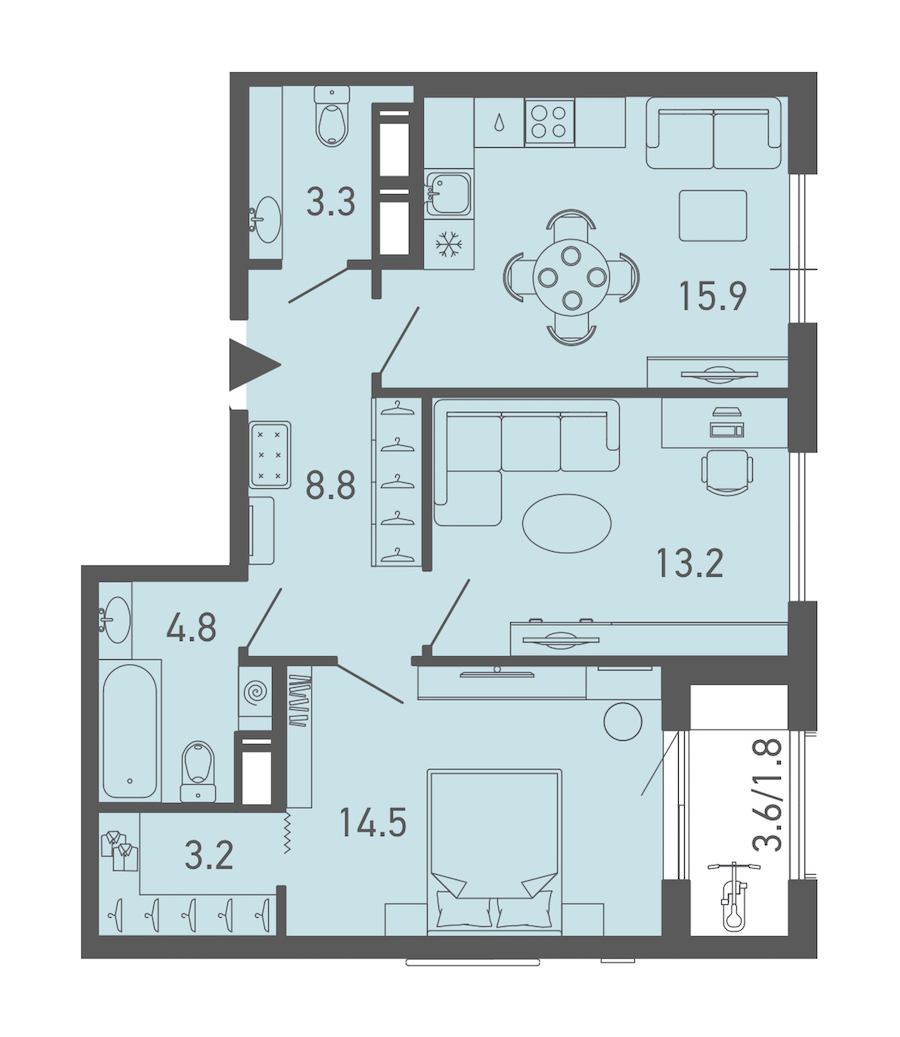 2-комнатная квартира 65.7 м², 17/18 эт., ЖК «ГАЛАКТИКА»