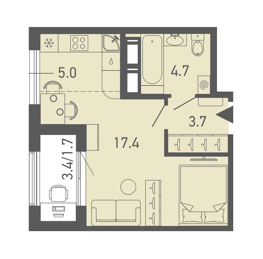 Квартира студия 32.1 м², 18/18 эт., ЖК «ГАЛАКТИКА»