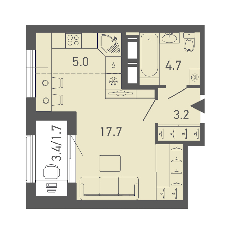 Квартира студия 32 м², 18/18 эт., ЖК «ГАЛАКТИКА»