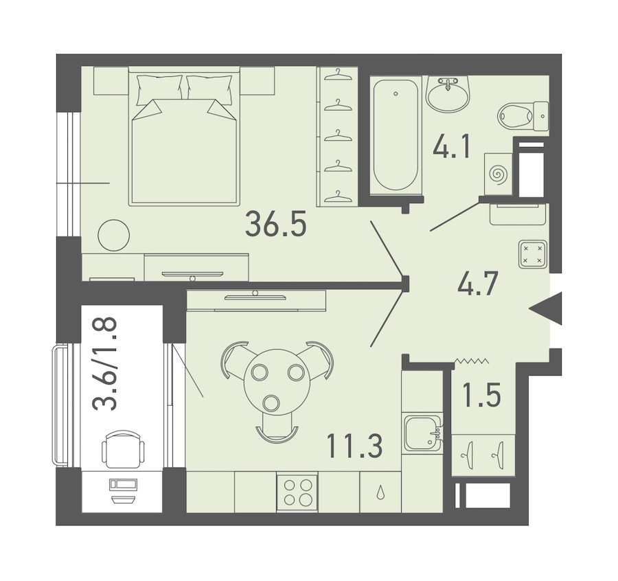 1-комнатная квартира 36.2 м², 18/18 эт., ЖК «ГАЛАКТИКА»