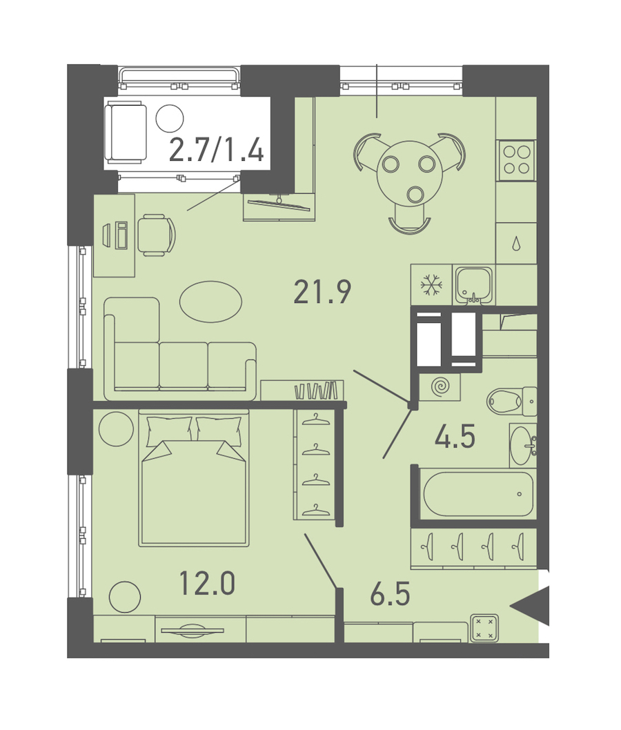 1-комнатная квартира 46.2 м², 12/14 эт., ЖК «ГАЛАКТИКА»