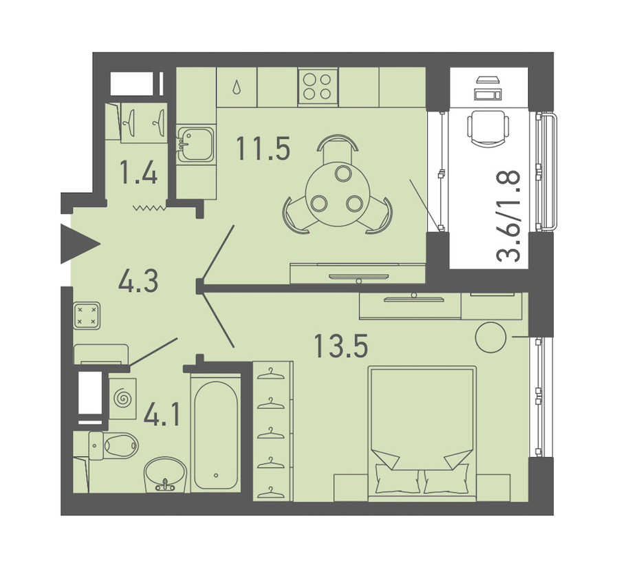 1-комнатная квартира 36.5 м², 13/14 эт., ЖК «ГАЛАКТИКА»