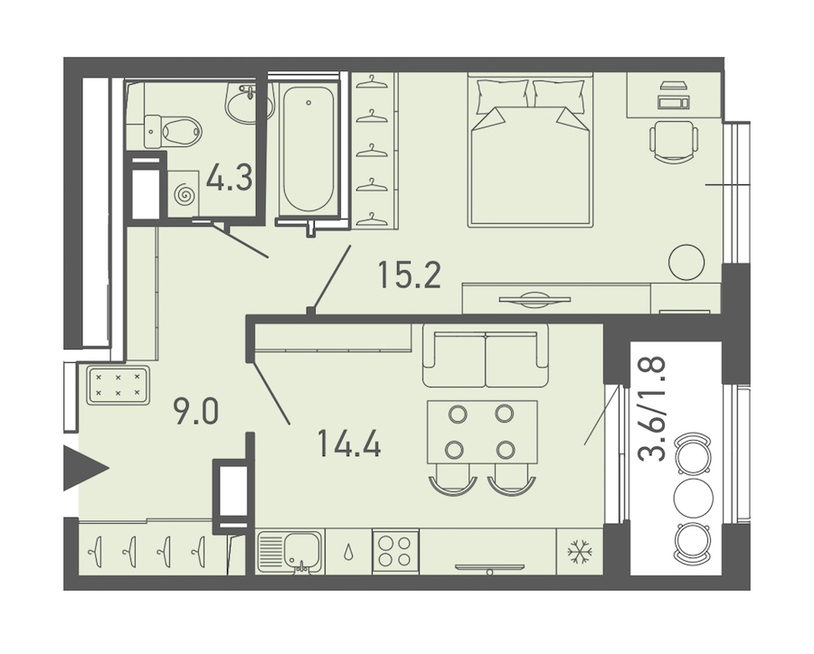 1-комнатная квартира 44.7 м², 13/14 эт., ЖК «ГАЛАКТИКА»