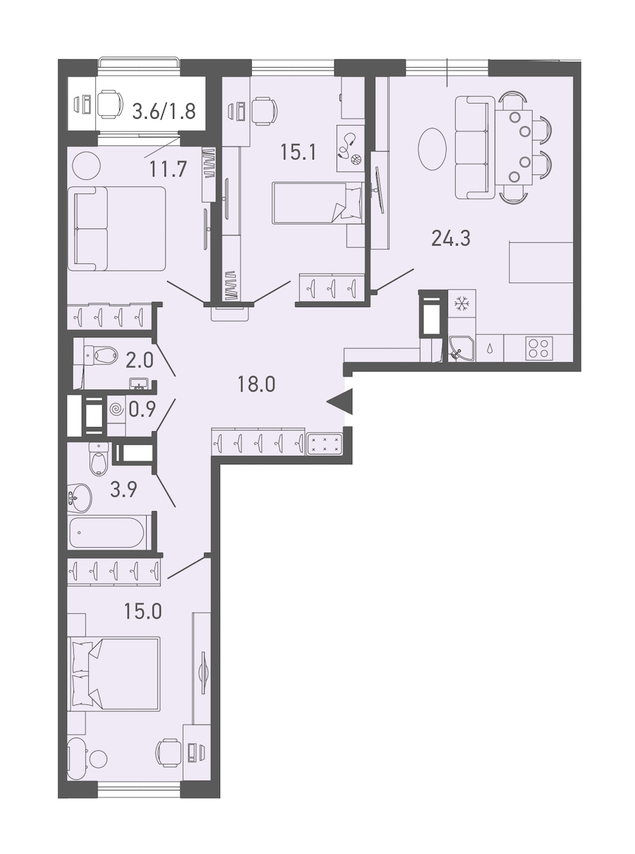 3-комнатная квартира 92.6 м², 12/14 эт., ЖК «ГАЛАКТИКА»