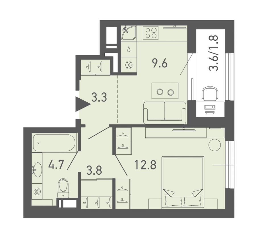 1-комнатная квартира 36 м², 17/18 эт., ЖК «ГАЛАКТИКА»