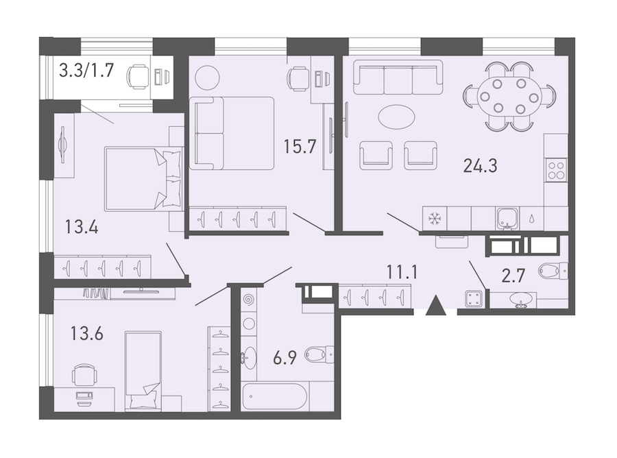 3-комнатная квартира 89.4 м², 14/18 эт., ЖК «ГАЛАКТИКА»