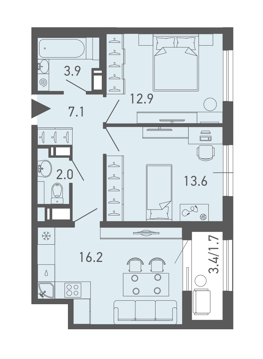 2-комнатная квартира 57.3 м², 18/18 эт., ЖК «ГАЛАКТИКА»