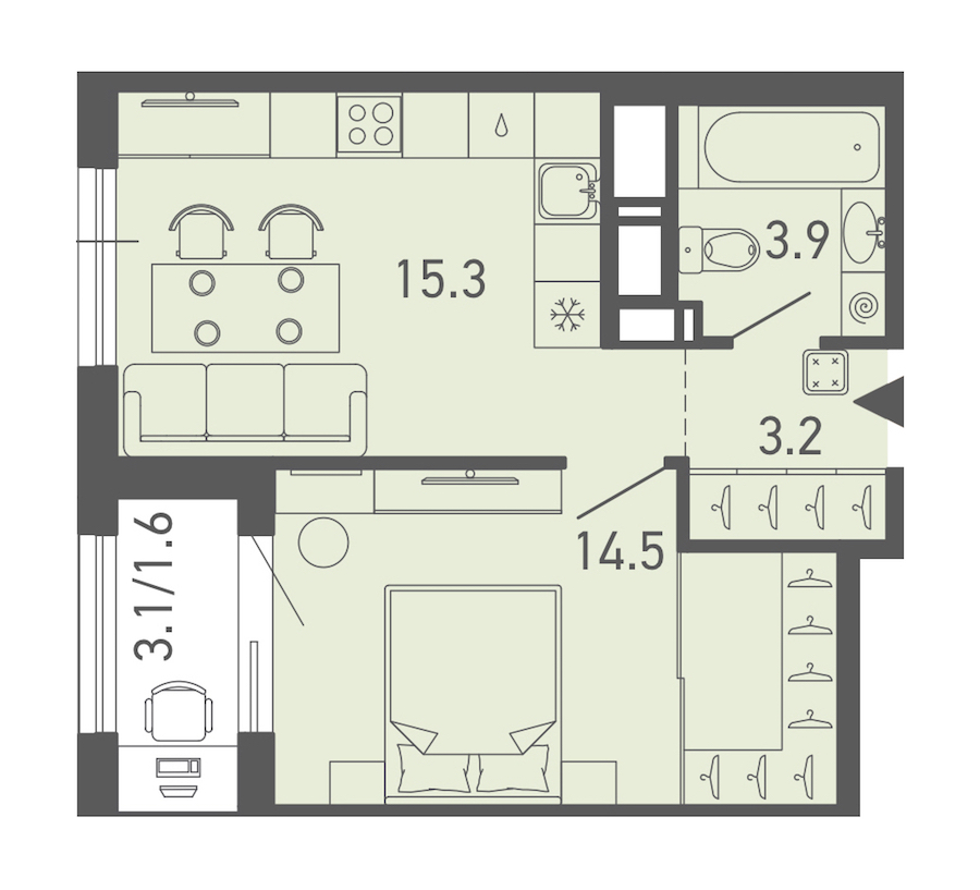 1-комнатная квартира 38.5 м², 12/18 эт., ЖК «ГАЛАКТИКА»