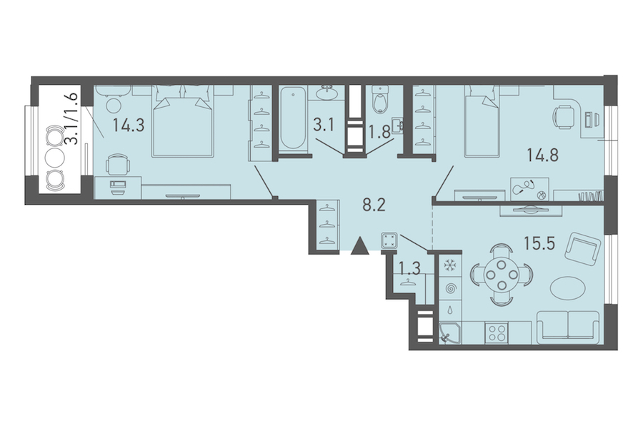 2-комнатная квартира 60.6 м², 7/18 эт., ЖК «ГАЛАКТИКА»