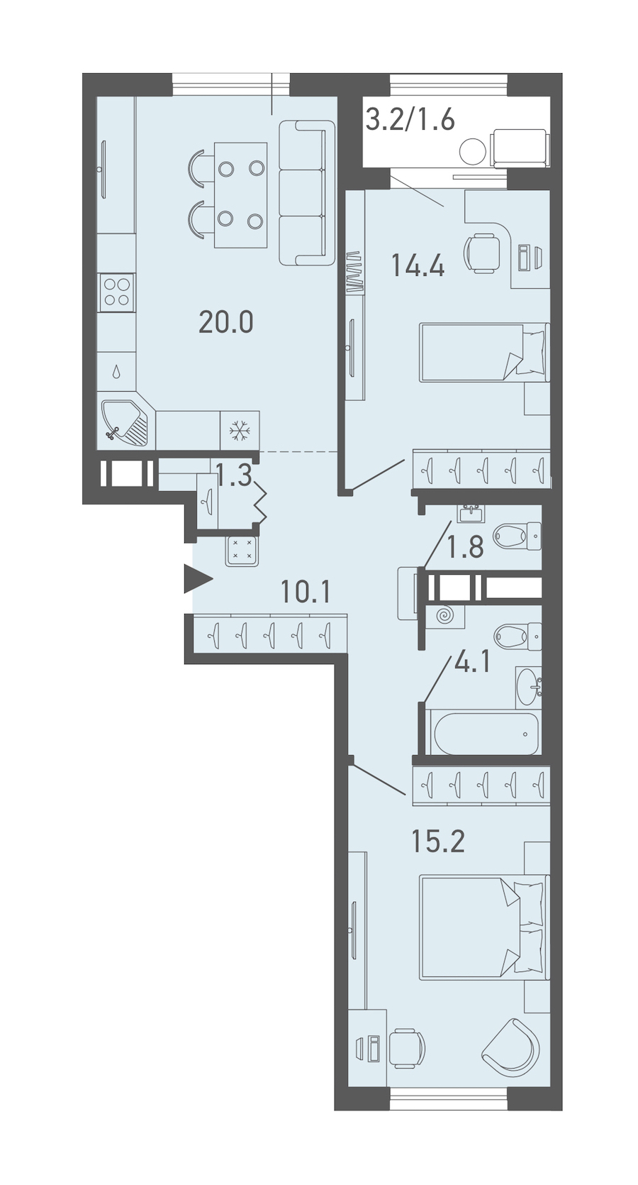 2-комнатная квартира 68.3 м², 16/18 эт., ЖК «ГАЛАКТИКА»