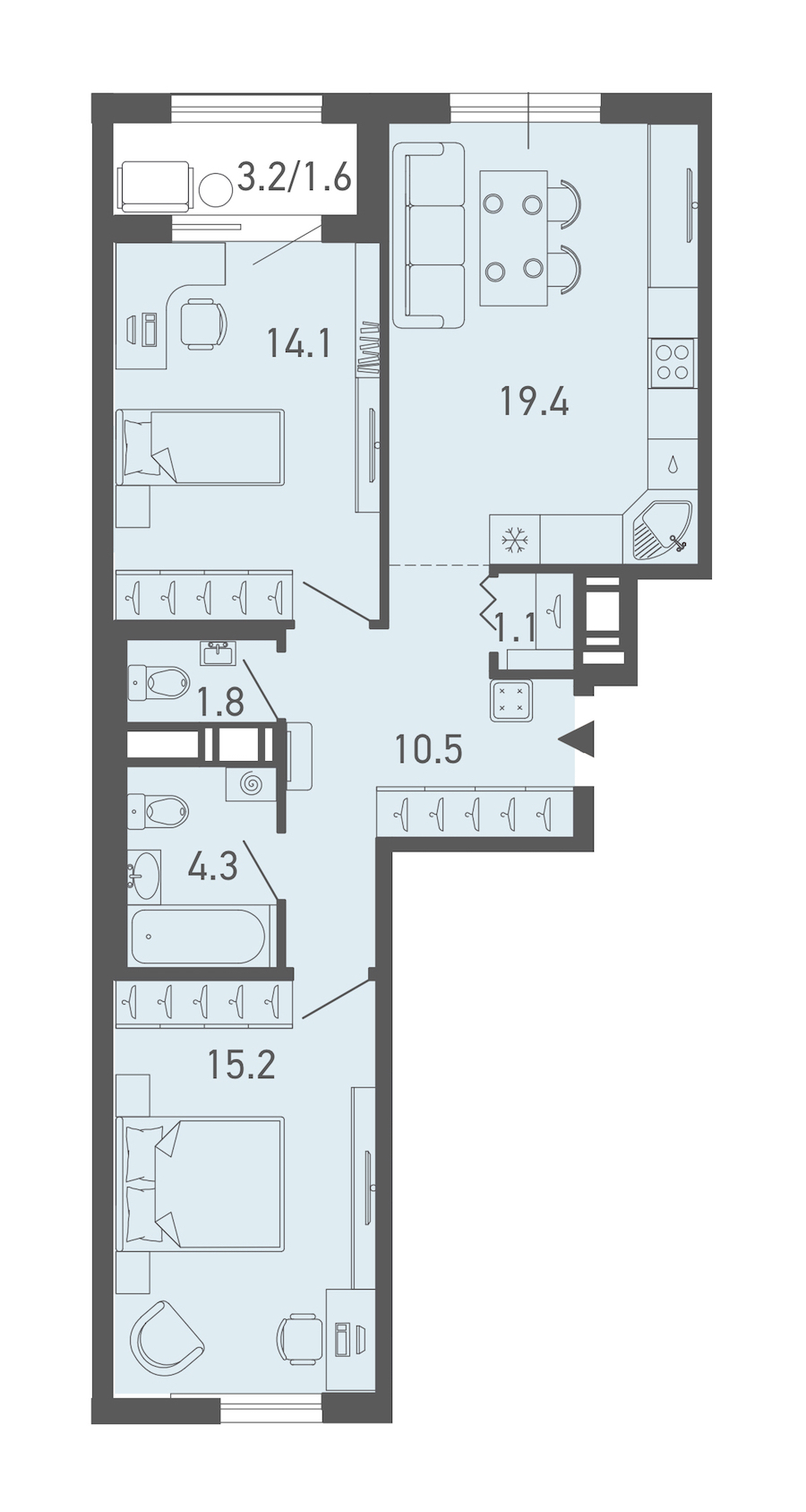 2-комнатная квартира 68 м², 13/18 эт., ЖК «ГАЛАКТИКА»
