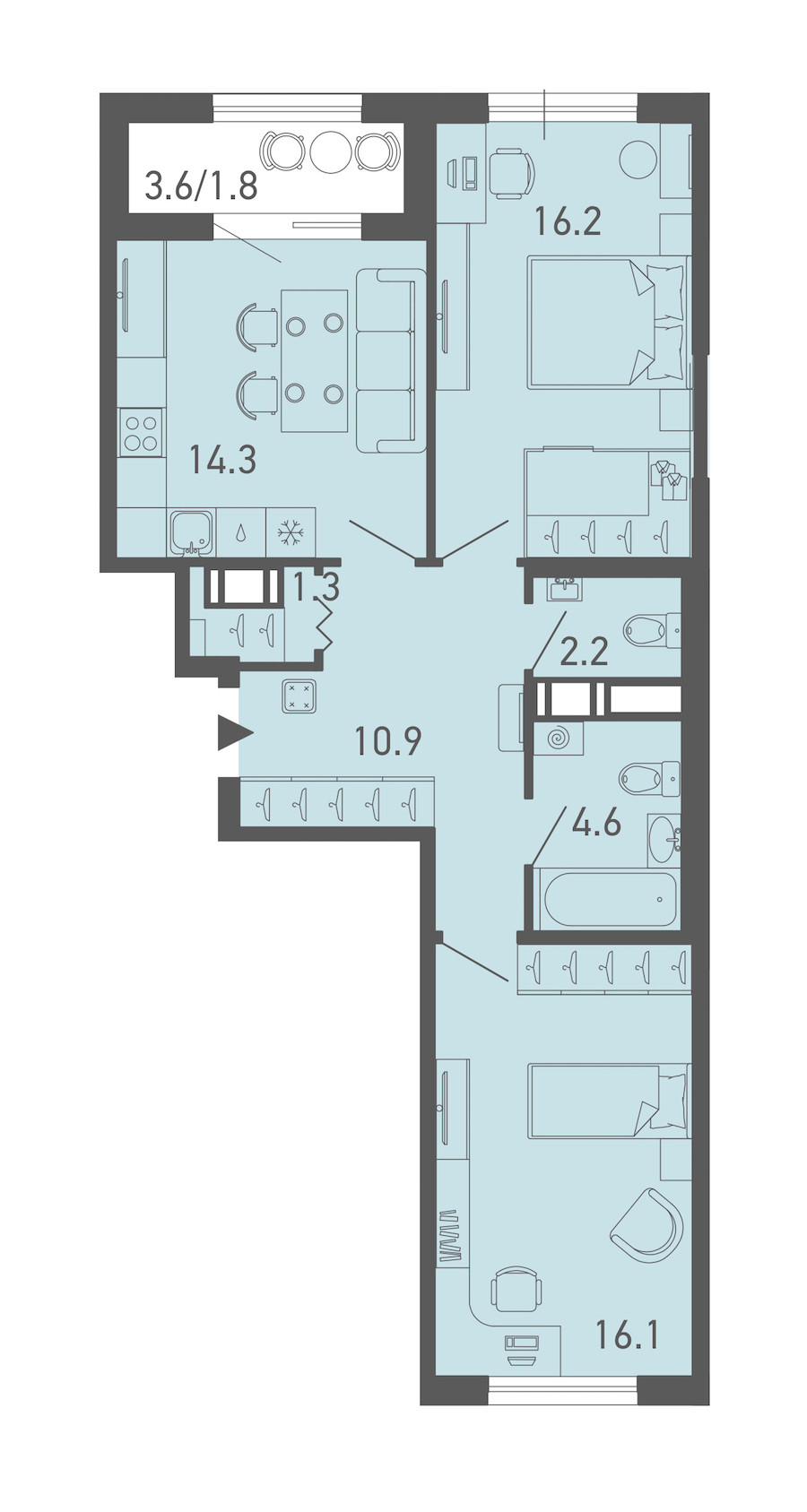 2-комнатная квартира 67.4 м², 11/14 эт., ЖК «ГАЛАКТИКА»