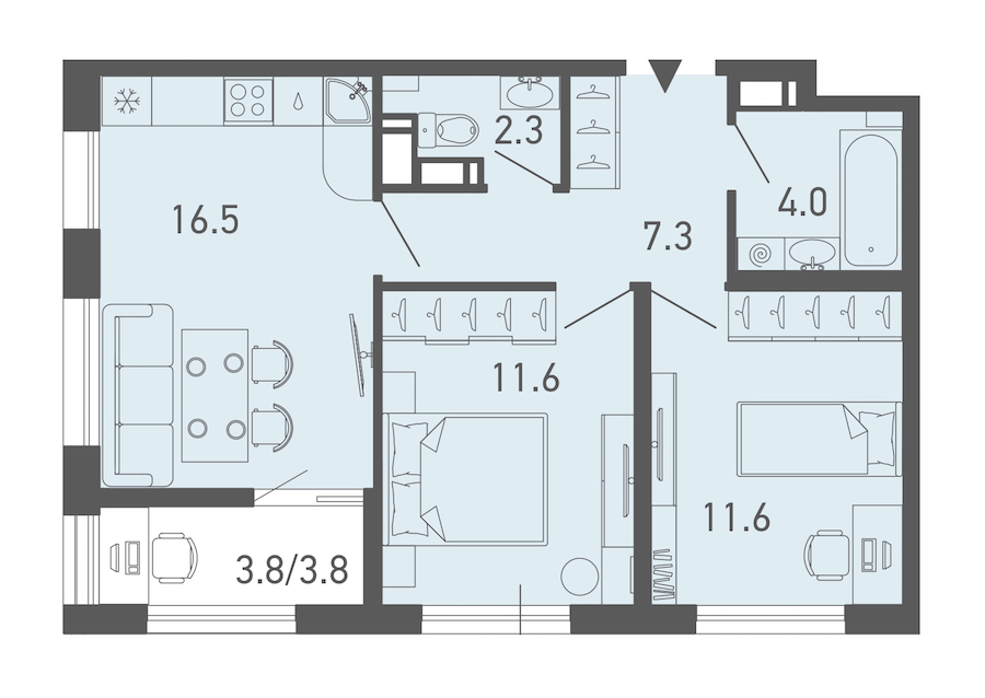 2-комнатная квартира 57 м², 6/14 эт., ЖК «ГАЛАКТИКА»