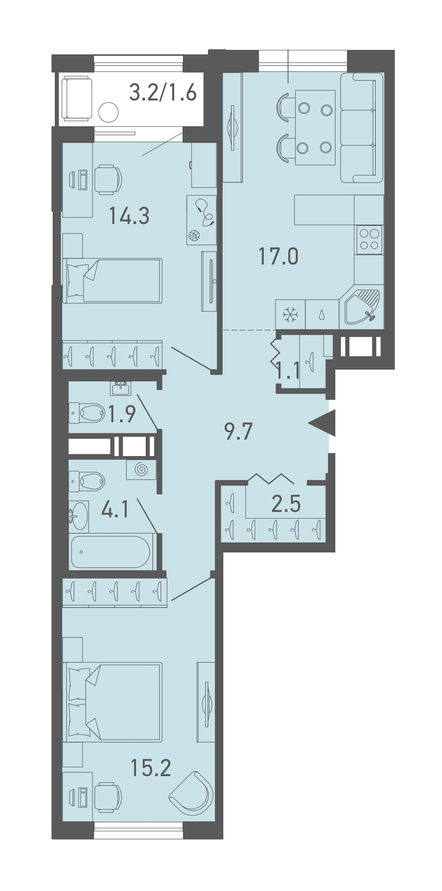 2-комнатная квартира 67.4 м², 5/14 эт., ЖК «ГАЛАКТИКА»