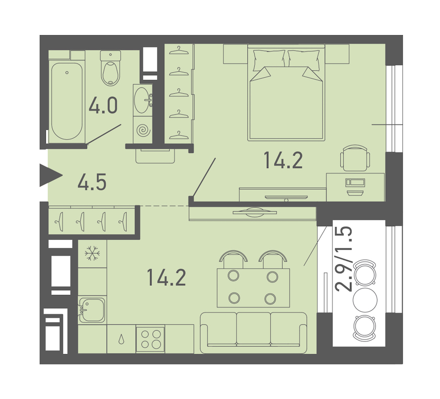 1-комнатная квартира 38.2 м², 13/14 эт., ЖК «ГАЛАКТИКА»