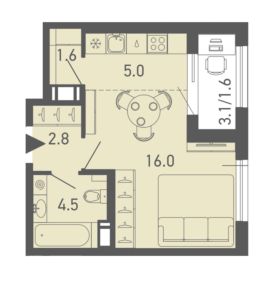Квартира студия 31.3 м², 12/14 эт., ЖК «ГАЛАКТИКА»